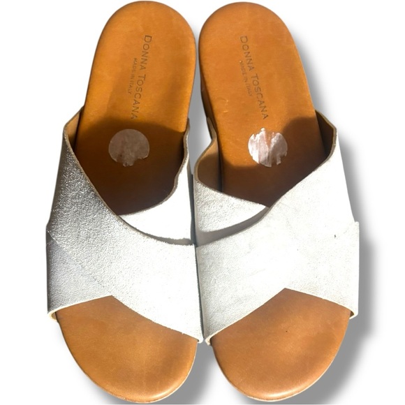 Donna Toscana Made in Italy White Criss Cross Leather Wooden Heel Clog Slides - Picture 3 of 6